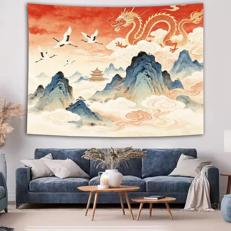 VIKAMA Chinese Ink Painting Tapestry Wall Hanging, Soft Touch Print, Wall Art for Living Room Bedroom Office Study Room Decor
