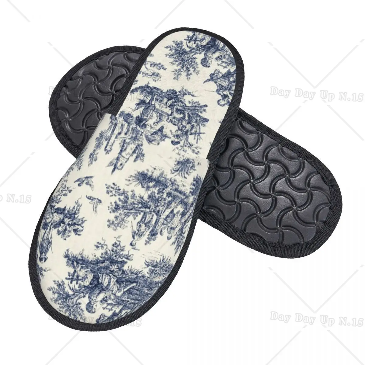 Vintage Toile De Jouy Comfort Scuff Memory Foam Slippers Women Navy Blue And White Spa House Shoes