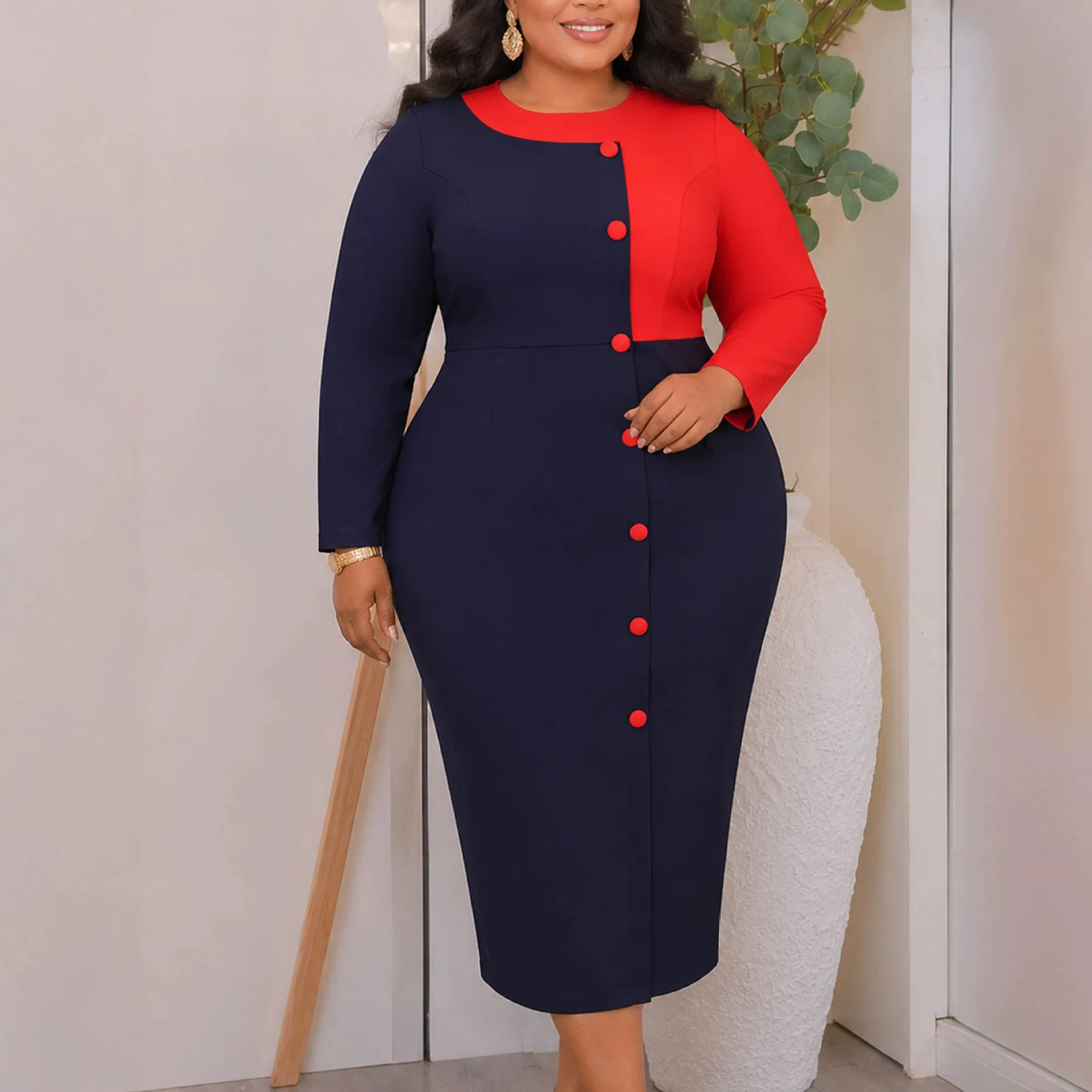 Plus-size Women's Elegant Business Attire Clothes, Round-neck Long-sleeve Color-blocked Slim-fit Body Clothes