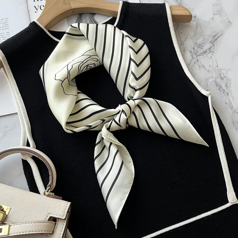 2024 Striped Retro Carriage Spring Autumn Imitation Silk Small Square Scarf For Women Female Wild decorative Scarves Sunscreen