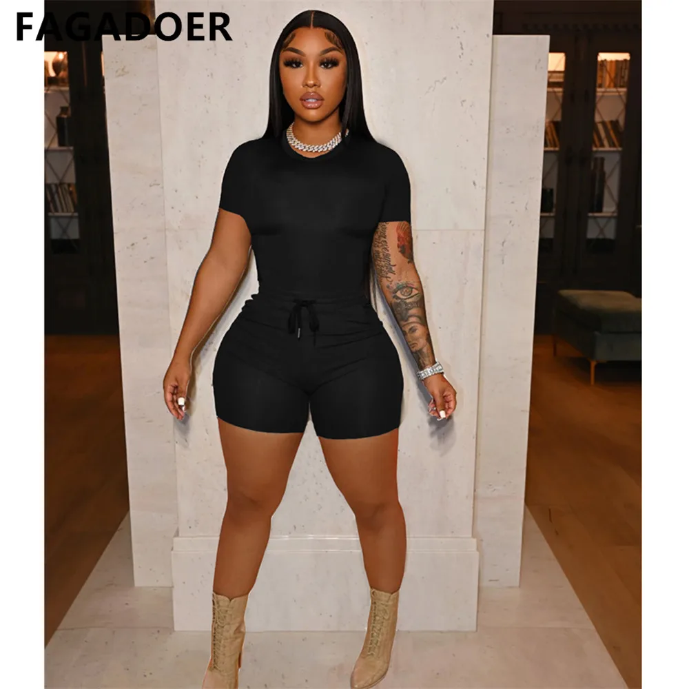 FAGADOER Solid Color Short Sleeve Crop Top and Pockets Biker Shorts 2 Pcs Set Sexy Slim Summer Fashion Outfit Casual Streetwear