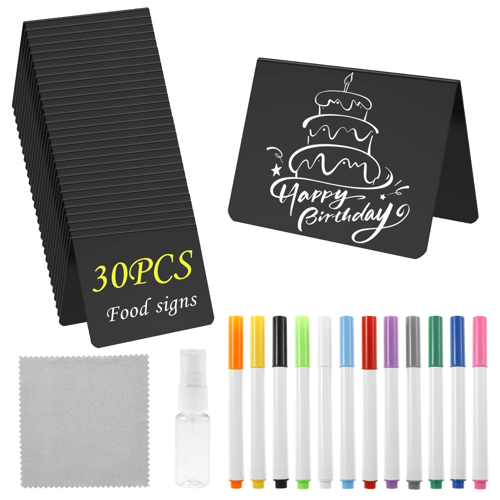 30 упаковок мини-знака из ПВХ для классной доски, водонепроницаемая вечеринка, шведский стол, пекарня, этикетки для еды с 12-цветной ручкой, ткань для чистки, распылитель