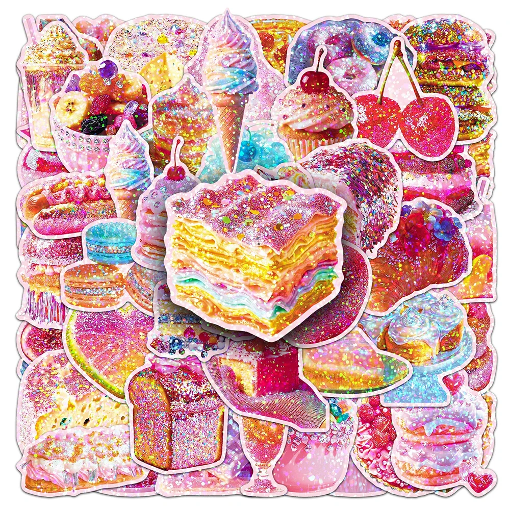 10/30/50pcs Cute Laser Style Dessert Stickers Aesthetic Cake Graffiti Stickers DIY Luggage Phone Diary Cartoon Sticker Wholesale