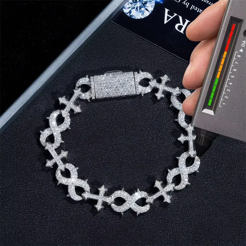 13MM D Color Moissanite Cross Infinity Cuban Bracelet Hiphop 925 Sterling Silver Shine Diamond Link Bracelet Necklace Pass Test