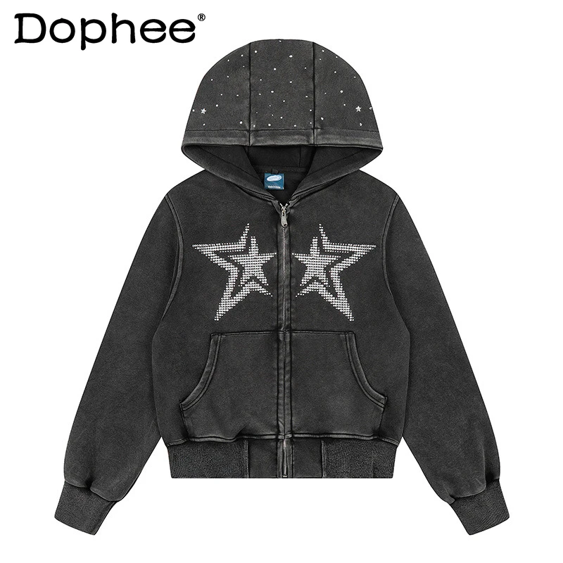 

Men Women 2026 Spring Long Sleeve Jackets Rhinestone Five-pointed Star Hoodie Sweatshirts Personality High Street Loose Hoodies