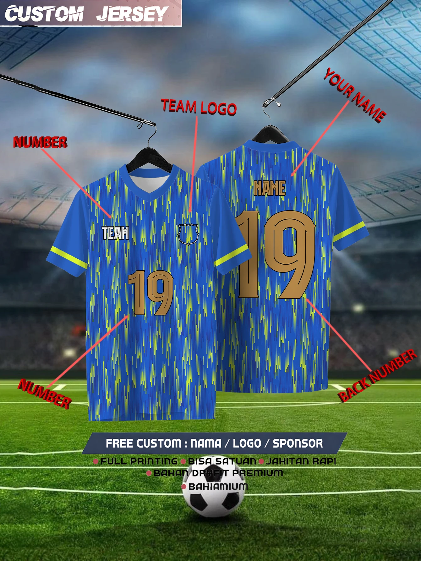 

Customized Geometric Blue Short Sleeved Shirt with Team Name, Emblem, Name and Number, Outdoor Sports Short Sleeved T-shirt