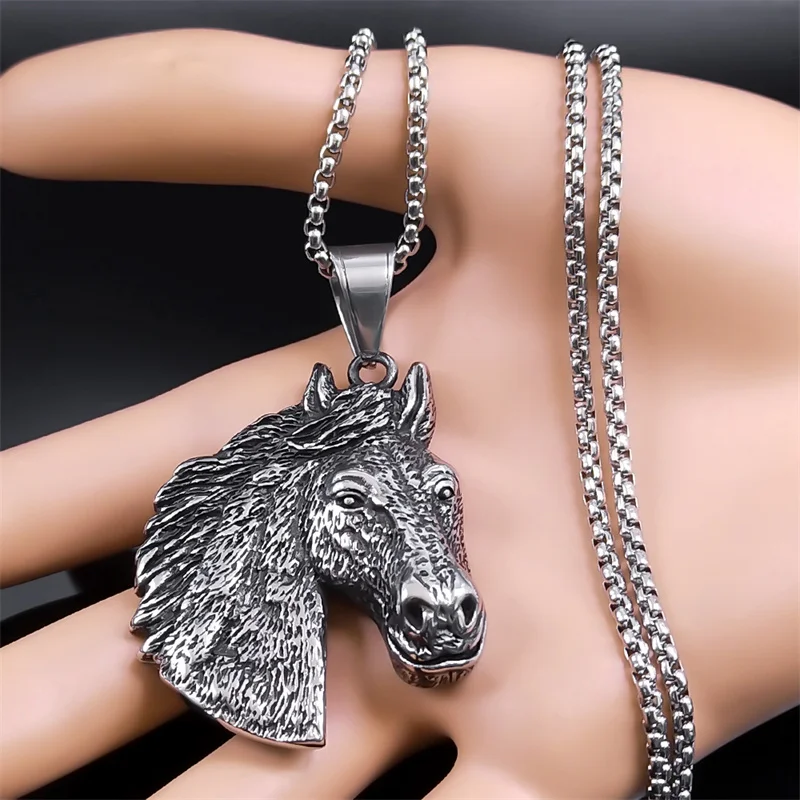 Retro Horses Chain Necklace Stainless Steel Silver Color Animals Pendant for Man Boyfriend Jewelry colar masculino NZZ374S02