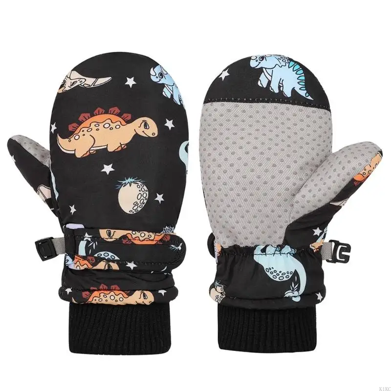 K1KC Windproof Children Warm Gloves Printed Cartoon Dinosaur Thicken Thermal Mitts