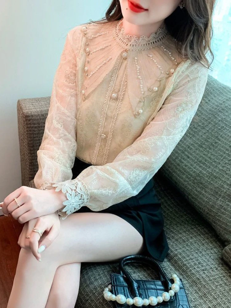 Spring Autumn Blouses Stand Collar Long Sleeve Solid Color Lace Patchwork Beading Shirts Fasion Elegant Design Women's Clothing