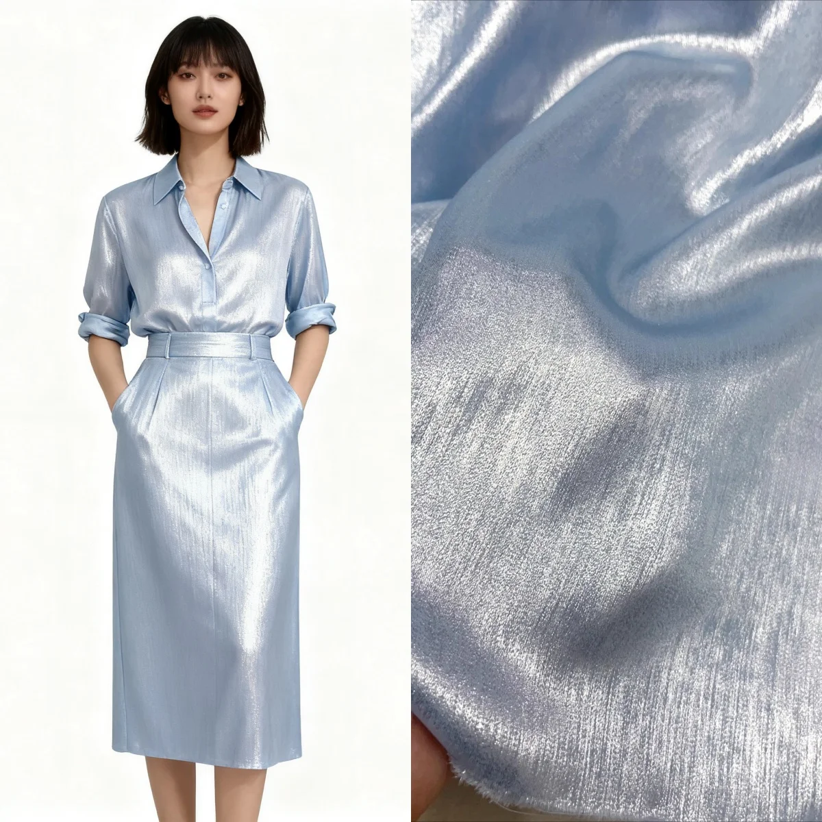 

Smooth metallic feeling sky blue coating woven silver silk synthetic satin sewing evening dress pants fashionable dress fabric