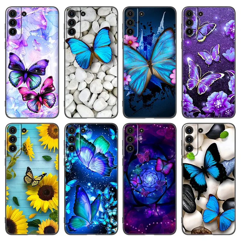 삼성 갤럭시 S22 S21 S20 울트라 FE S10E S10 라이트 S9 S8 플러스 S7 엣지 소프트 블랙 커버, 보라색, 파란색, 분홍색 나비 휴대폰 케이스 