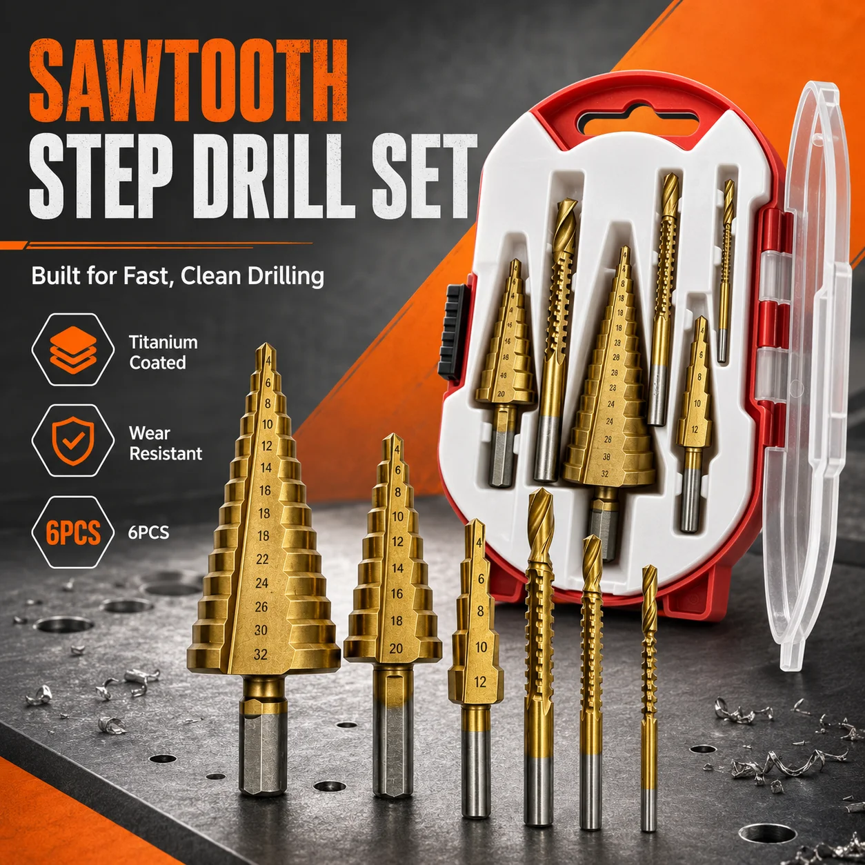 6-teiliges Titan-HSS-Stufenbohrer- und Gewindebohrer-Set, metrisch 4-32mm, Mehrloch-Schneidbits mit Aufbewahrungsbox für Metall, Holz, PVC