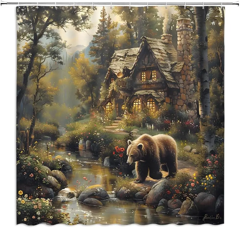Rustic Forest Bear Shower Curtain Fantasy Cabin Wildlife Hunting Farmhouse Country Animal Jungle Mountain Adventure Stream Fairy