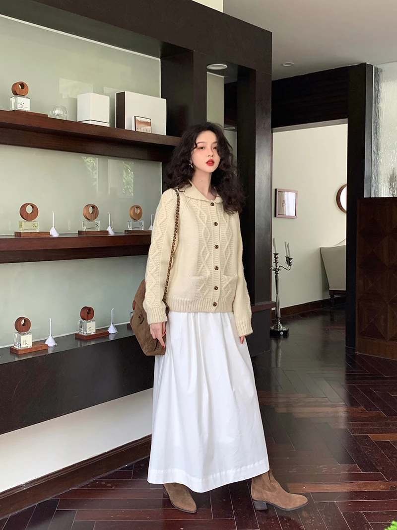 High Waist A-Line Midi Skirt Women's Vintage Hong Kong Style Elastic Waist Full Skirt Gored Skirt Cotton Blend Skirt