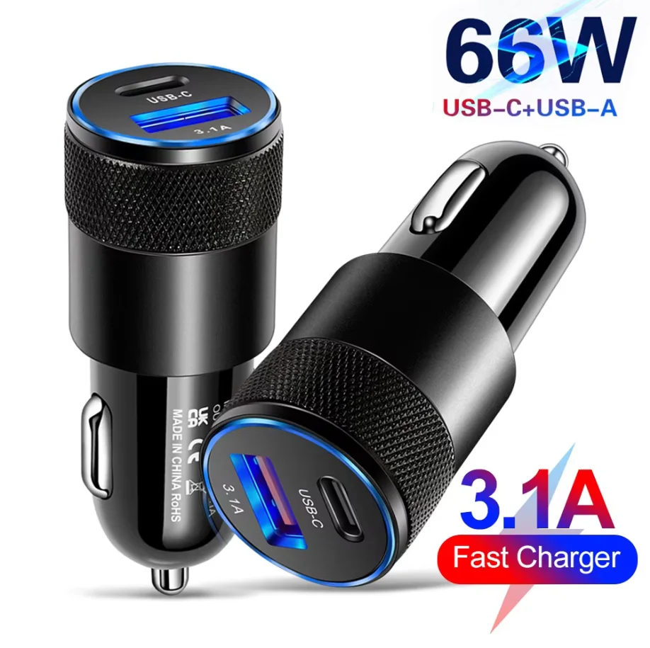 66W 3.1A USB Type C Car Charger PD Fast Charging Cigarette Lighter Adapter for IPhone Xiaomi Huawei Smartphones