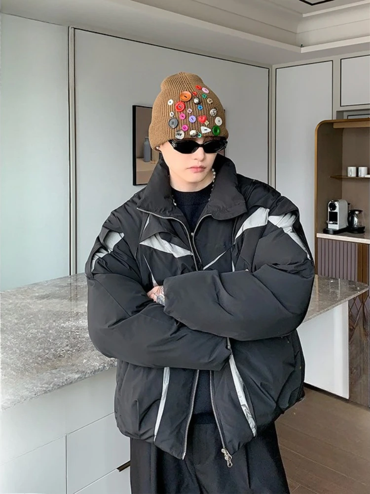 

Мужская зимняя утолщенная куртка-пуховик с модным шарнирным дизайном, плиссированными деталями, маленькое лоскутное хлопковое пальто с цветными блоками