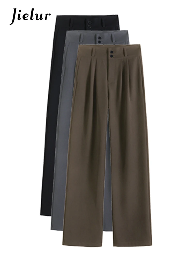 Jielur High Waist Wide Leg Pants for Women New Loose Straight Coffee Trousers Autumn Double Buttons Casual Suit Pants Female