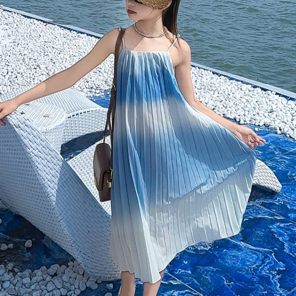 

Детская юбка без рукавов для пляжного отдыха, детское плиссированное платье принцессы с рюшами и подтяжками, праздничное свободное платье