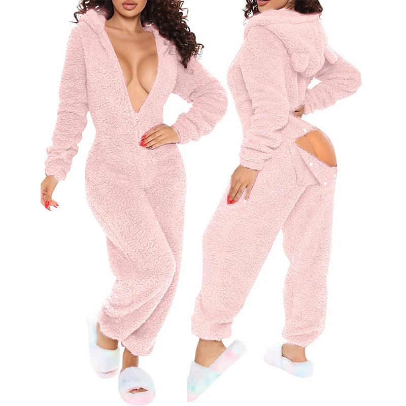 OMSJ Warm Women Pajamas Loungewear Cute Hooded Collar Front Zipper Cozy Plush One Piece Buttoned Flap Functional Jumpsuit Romper