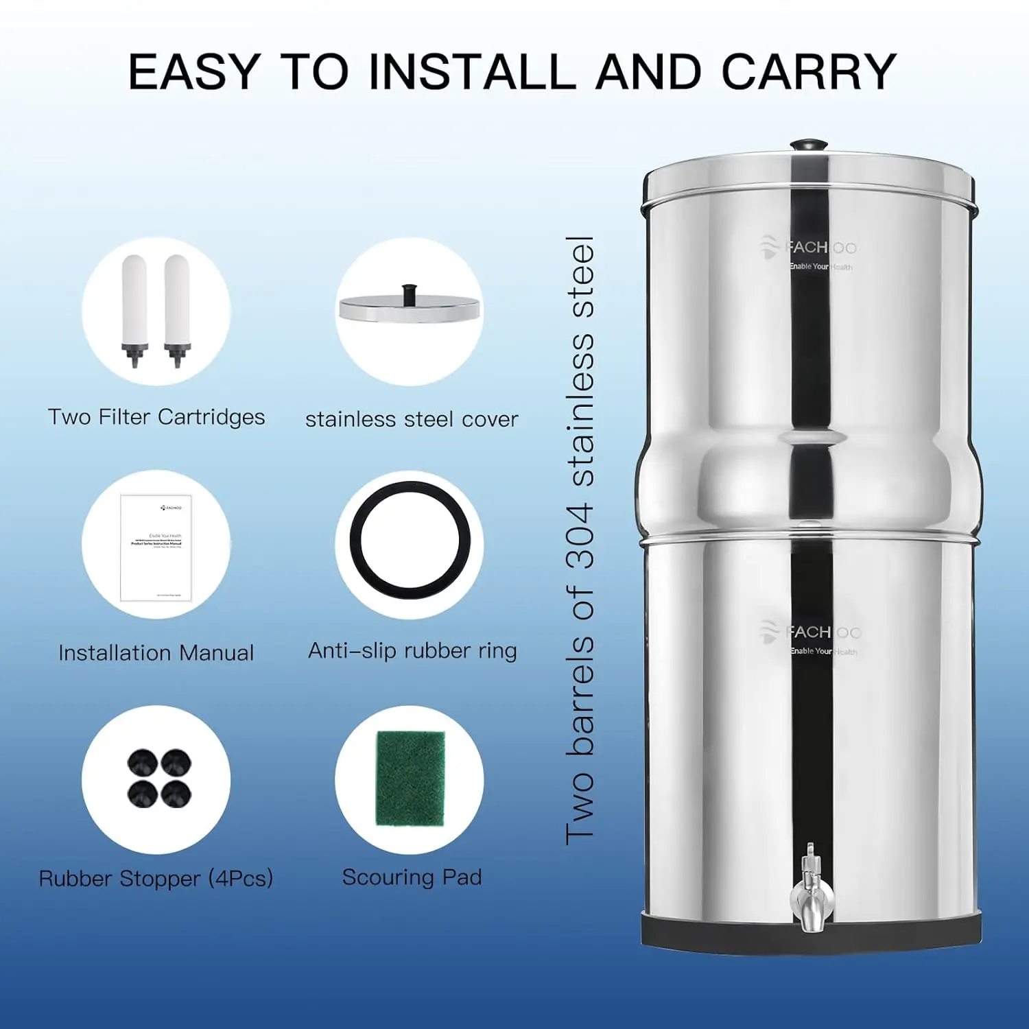 Steel Gravity-Fed Water Filter System with 2 White Ceramics Purification Washable Filter, Portable Countertop Filter System for