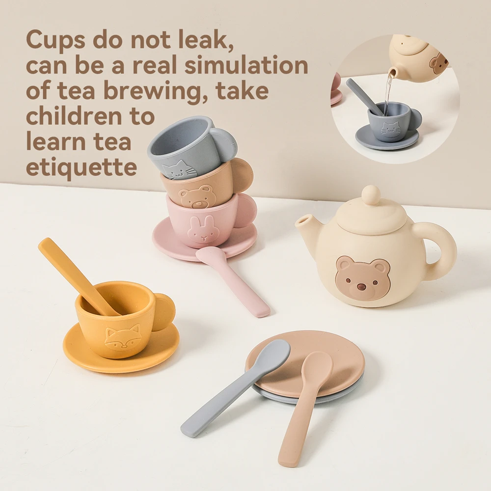 Bear Afternoon Tea Pretend Play Set Silicone Teapot Cups Wooden Tray Leak Proof Tea Social Skills Imagination Toys for Kids view 3