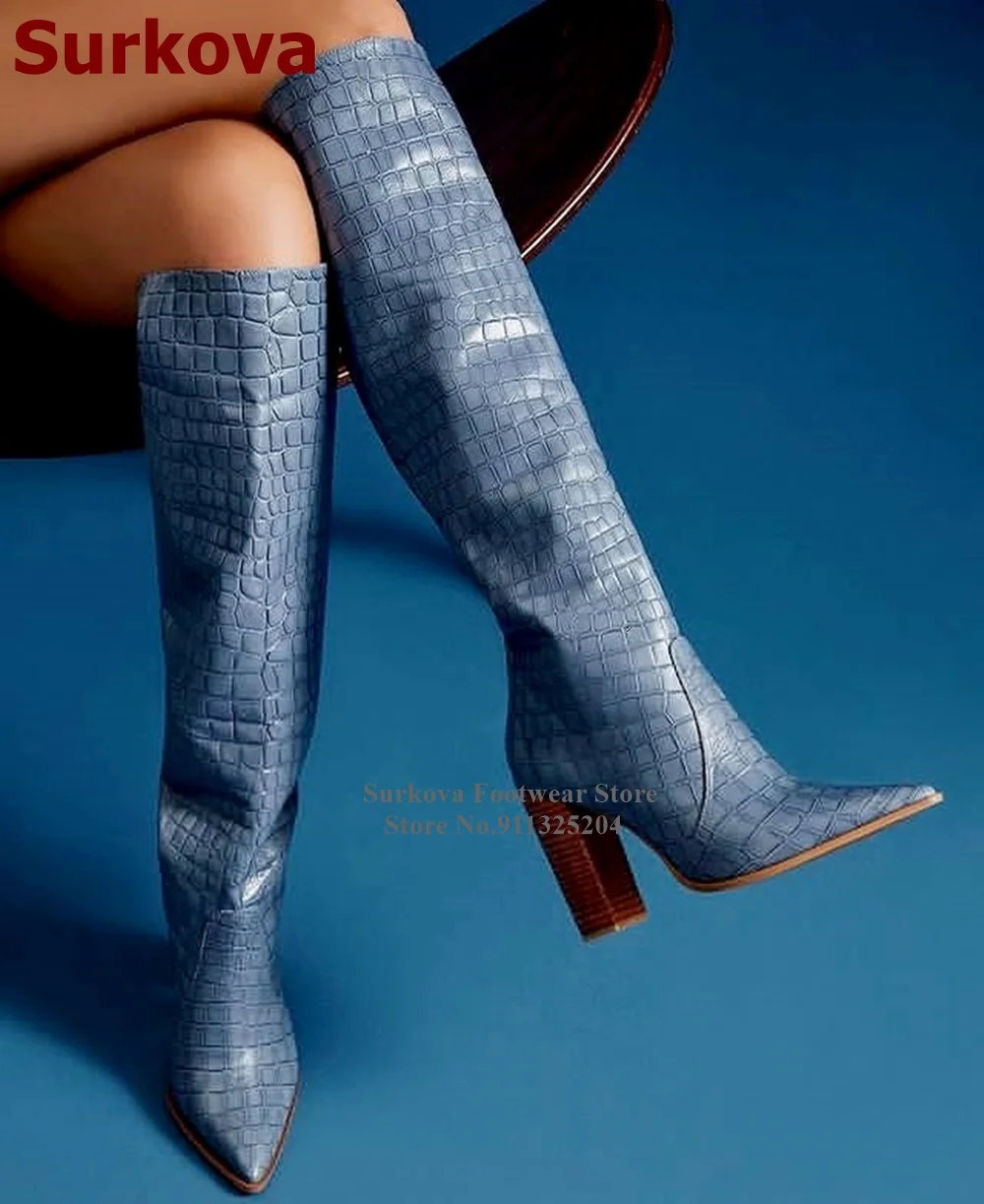 

Surkova Wooden Pattern Chunky Heel Knee Boots Blue Crocodile Pointed Toe Tall Boots Block Heels Snakeskin Fall Winter Shoes