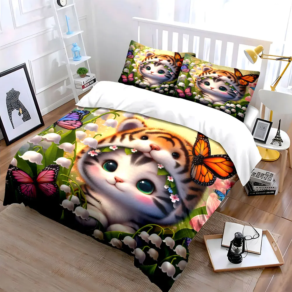 Cute tiger with butterflies and lilies Bedding Set for Kids Luxury Gift 3pcs Digital Print Comforter Set Soft Comfortable