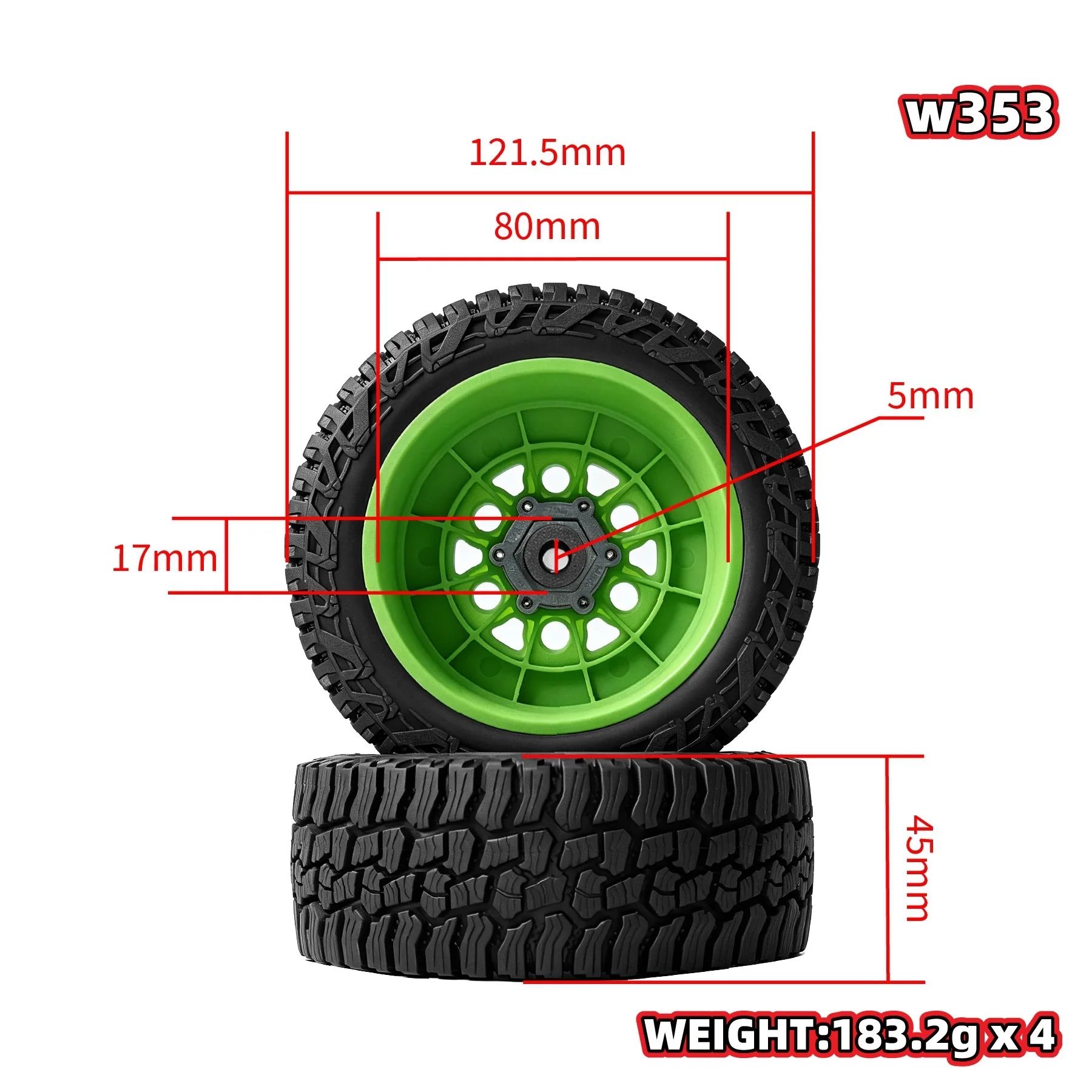 4Pcs High‑Grip Rubber 121mm Short‑Course Tire Wheel Set,12‑14‑17mm Hex for 1/8 1/10 Traxxas Slash Arrma Senton RC Off‑Road Truck