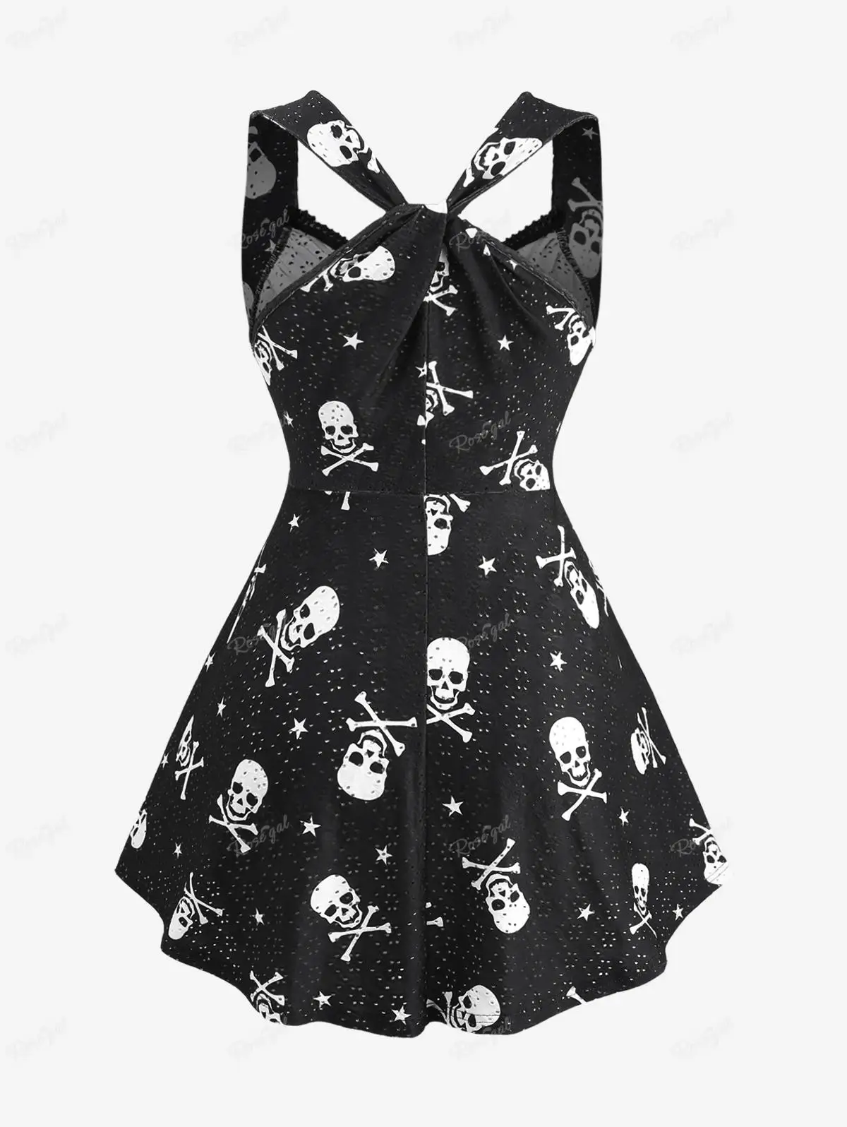 ROSEGAL Plus Size Women's Tops Skulls Star Printed Ruched Lace Trim Tanks 2024 Spring Summer Sleeveless Graphic Vest Black