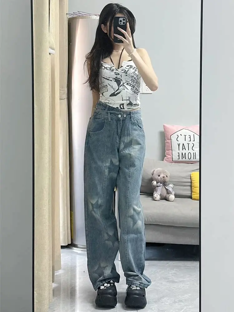 

Джинсы KING BRAND в стиле ретро с эффектом пэчворк, прямые, женские, повседневные, с высокой талией, утягивающие, свободные, широкие брюки, длинные штаны