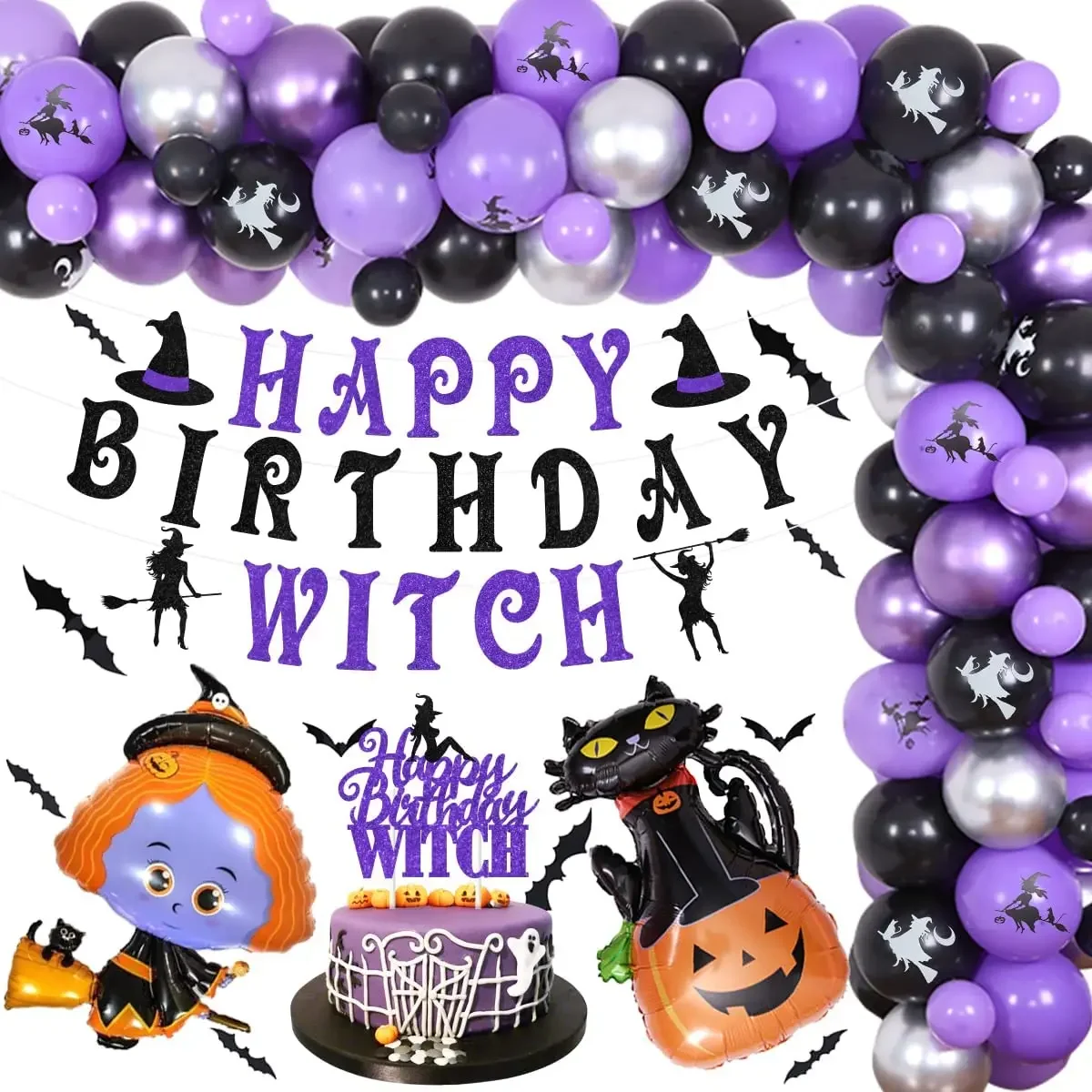 

Funmemoir Halloween Happy Birthday Witch Party Decoration Supplies Witch Banner Cake Topper Bat Sticker Purple Balloon Garland