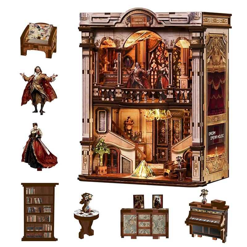

DIY Wooden Dream Opera House Book Nook Shelf Insert Kits Miniature Doll House Model Kit With Furniture Bookend for Birthday Gift