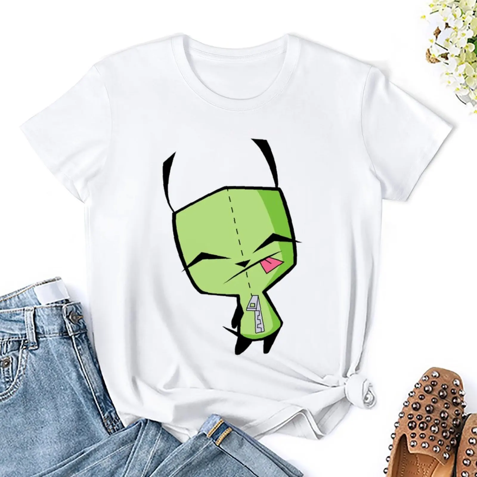 T-shirt do movimento do pescoço redondo, Invader Zim S GIR, T Gráfico Casual, Fitness Novidade Engraçada