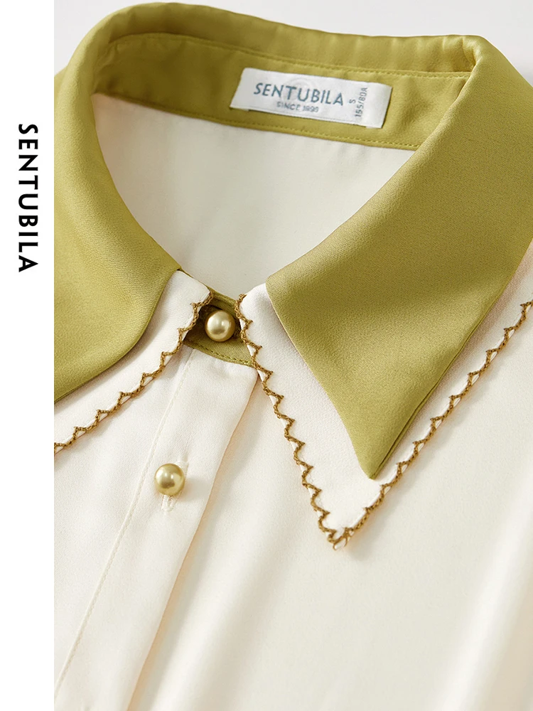 SENTUBILA Contrast Double Polo Collar Thin Shirt Woman 2024 Summer Simple Straight Button Up Short Sleeve Blouse Women 142C54838