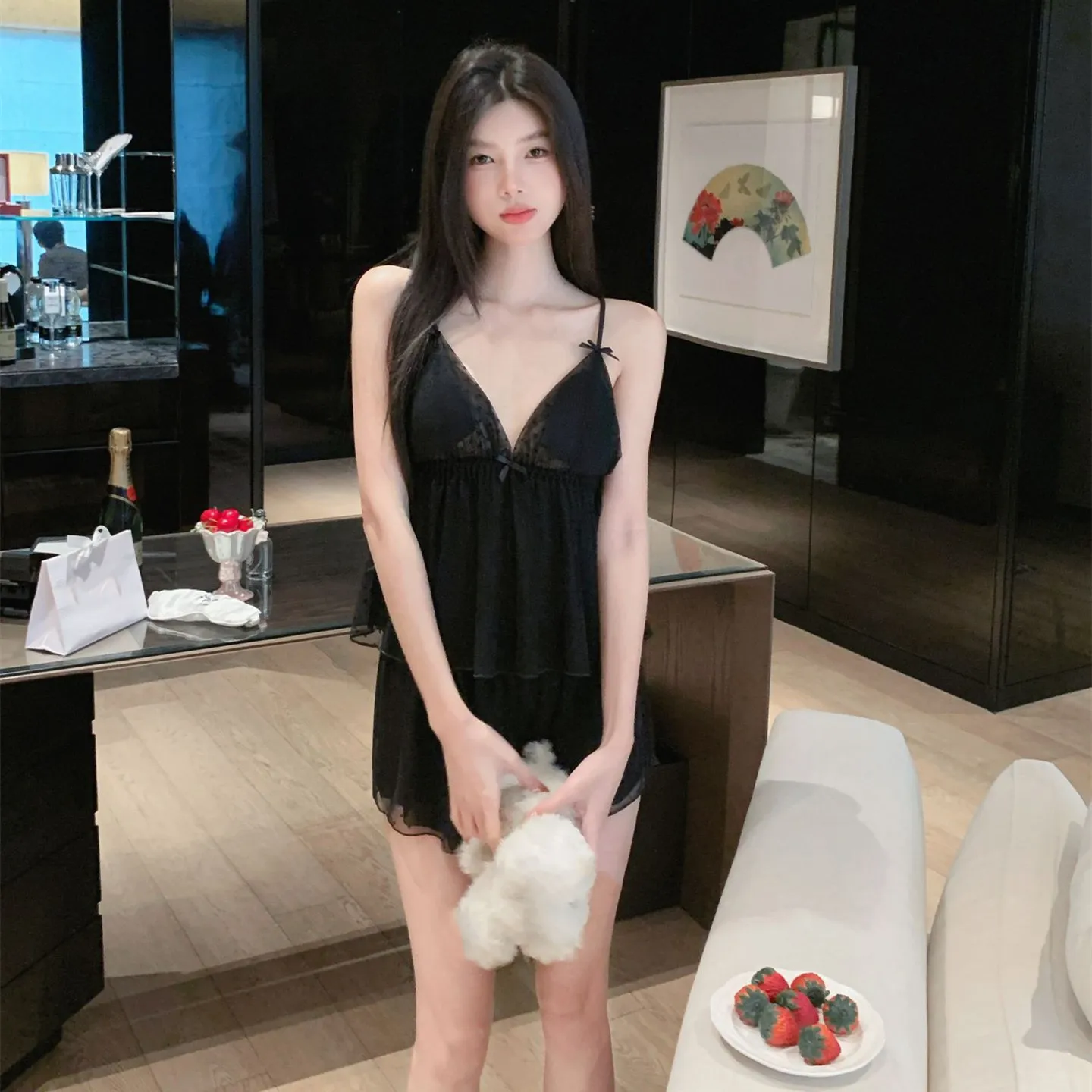 

Sexy Lace Mesh Suspender Pajamas Set Summer Women Sleepwear Loungewear Pyjama Homewear