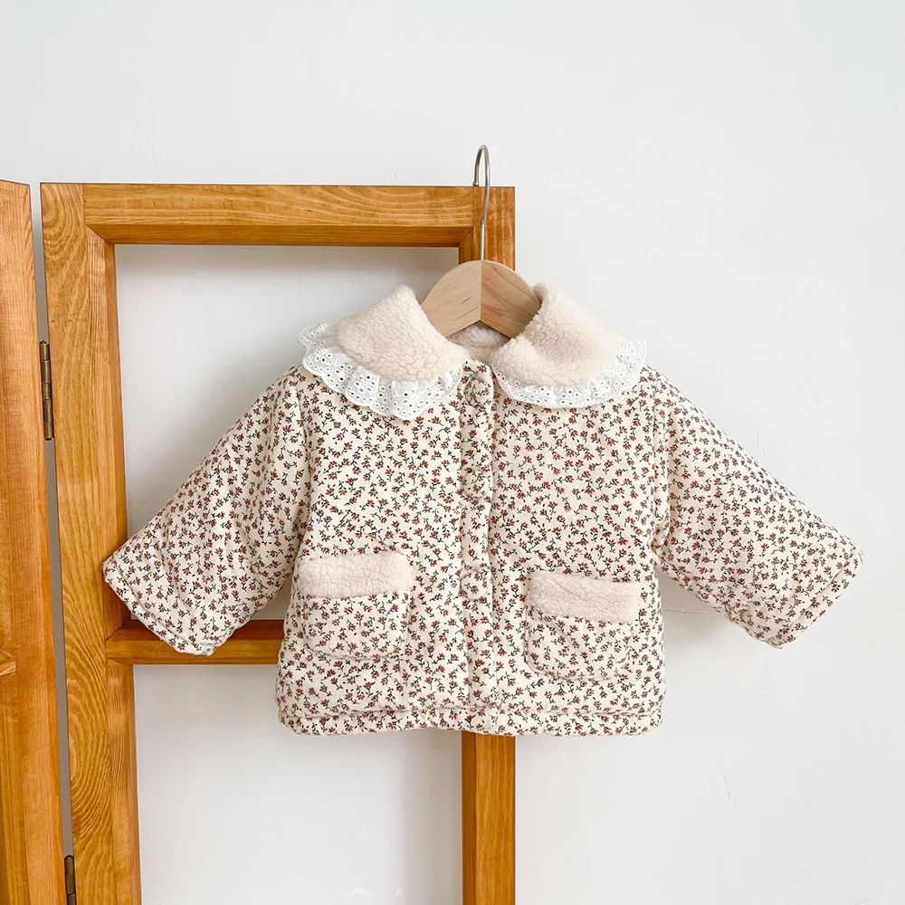 

Winter Cotton-Padded Jacket For Infant 0-3 Years Old Korean Lace Fur Collar Quilted Coat For Babies Floral Warm Children Clothes