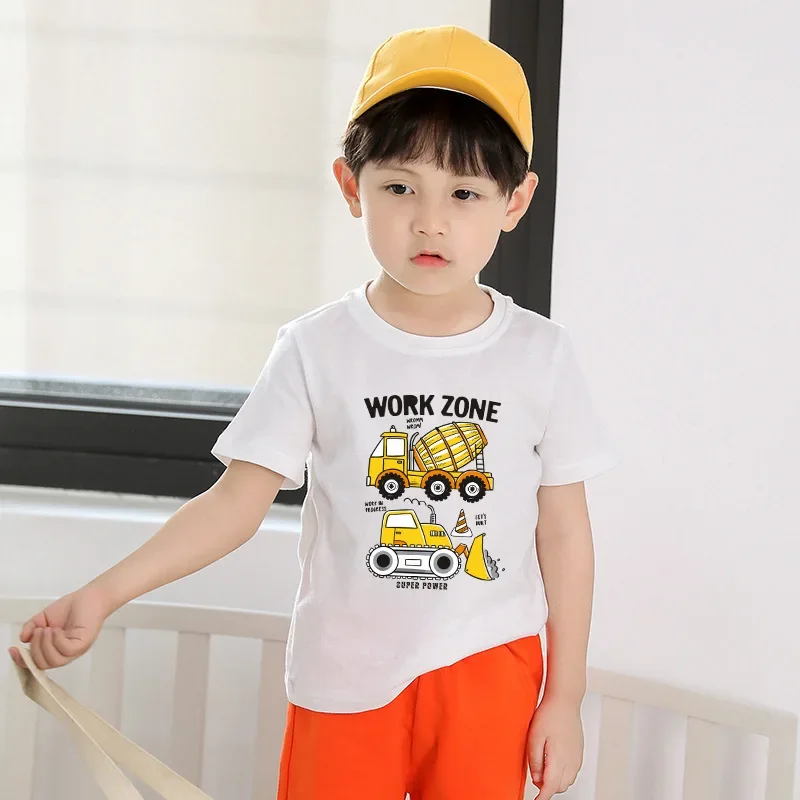 New Short Sleeve T Boy Modal Bulldozer Printed Half Sleeve T-shirt in Stock Girl Clothes  Kids Clothes