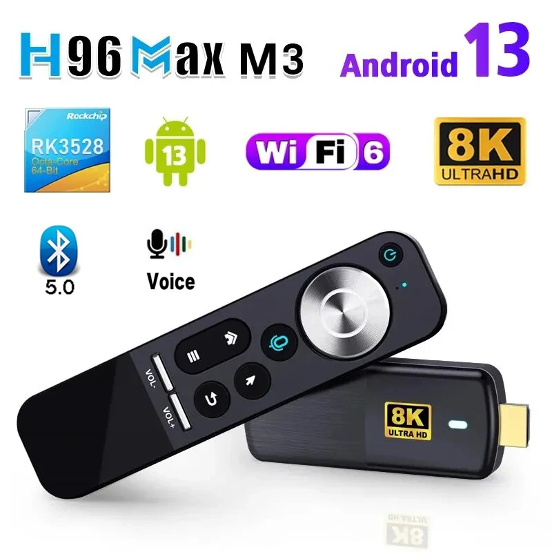 H96 Max M3 TV Stick 5G Wifi6 RK3528 Quad Core 2GB 16GB Voice Assistant Andriod 13 TV Box BT 5.0 Support HD 8K 4K Video PK DQ10