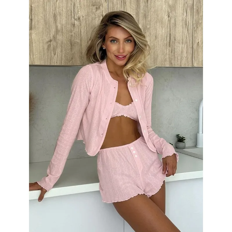 

Fashion Women Sleepwear Suit O-Neck Nightie Long Sleeve Pajamas Tank Tops Pyjamas Shorts Ladies Nightwear 3 Piece Set