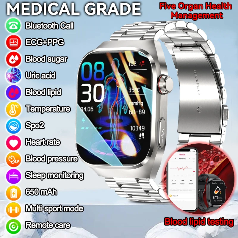 Reloj inteligente de grado médico para hombre, pulsera con detección de cinco órganos, frecuencia cardíaca, glucosa en sangre, Fitness