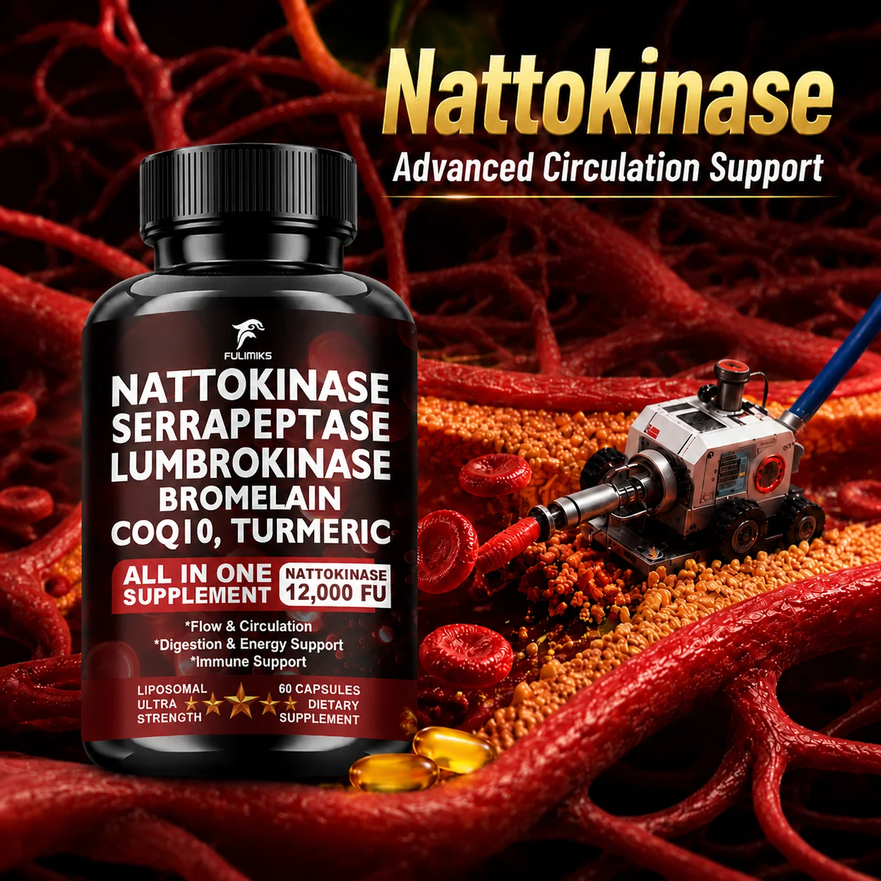 Nattokinase Supplement Capsules, Support Blood Vessel & Heart Health, for Digestive, Intestinal & Vitality, Rich in Antioxidant