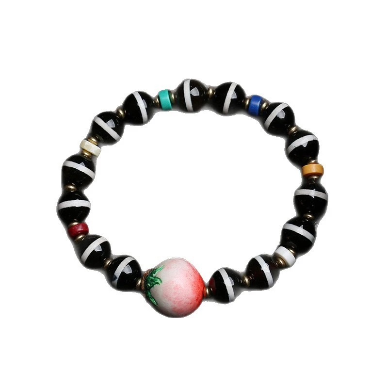 Natural Old Syrian Inlaid Bead Single-Strand Root-Style Gourd Painted Peach Heart-Shaped Buddhist Bead Bracelet view 5