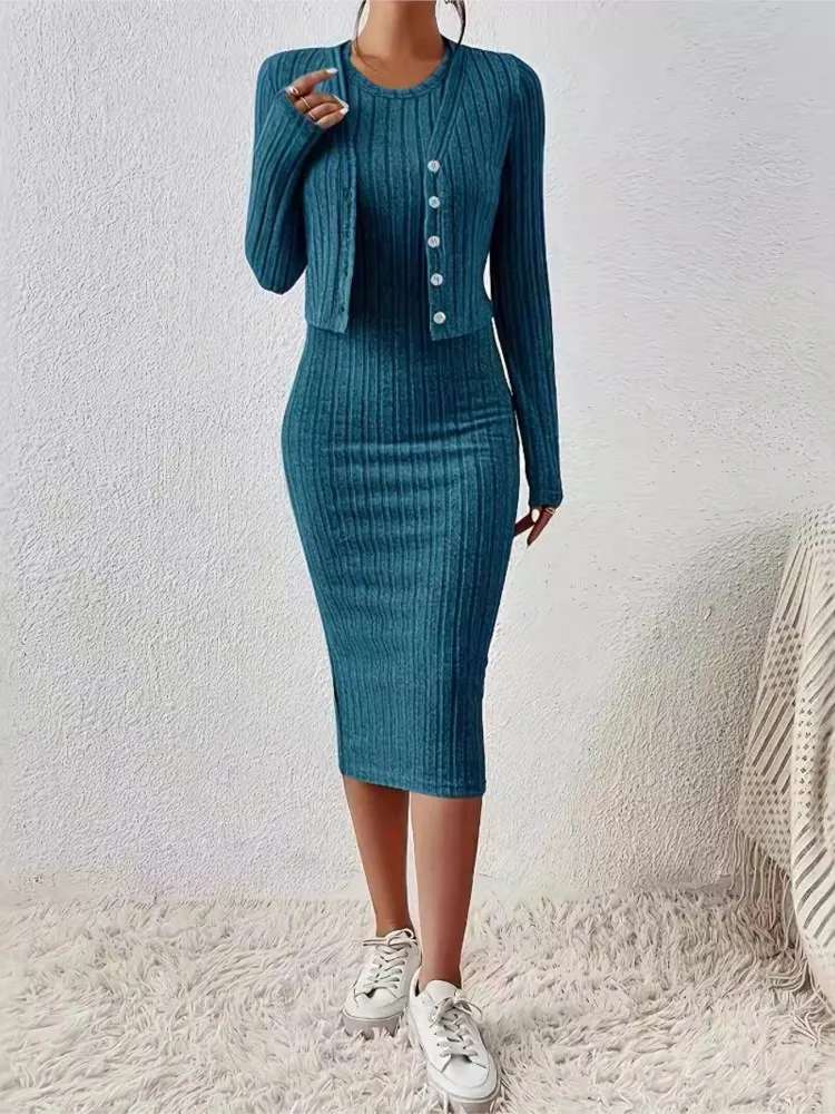 Autumn Winter Women's Clothing New Item Solid Color Fashion Single Breasted Short Top Slim Fit Dress Two-piece Set