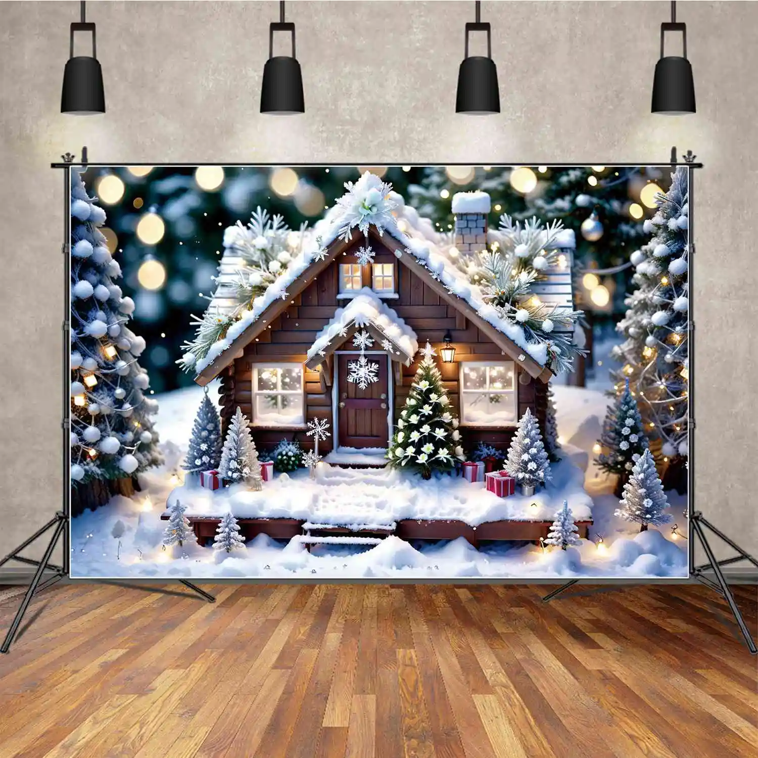 MOON.QG Backdrop Christmas Novelties Snowing Tree Cabin Photo Background Light Bokeh Spot Ornament Gift Items Photography Props