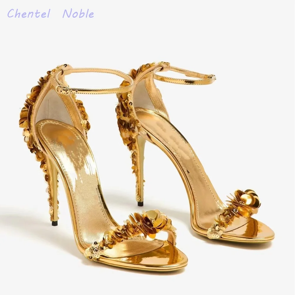 Sequin Flowers Round Toe Sandals Thin High Heels Bling Bling Party Dress Sexy 2024 New Arrival Women Shoes Summer Outdoor