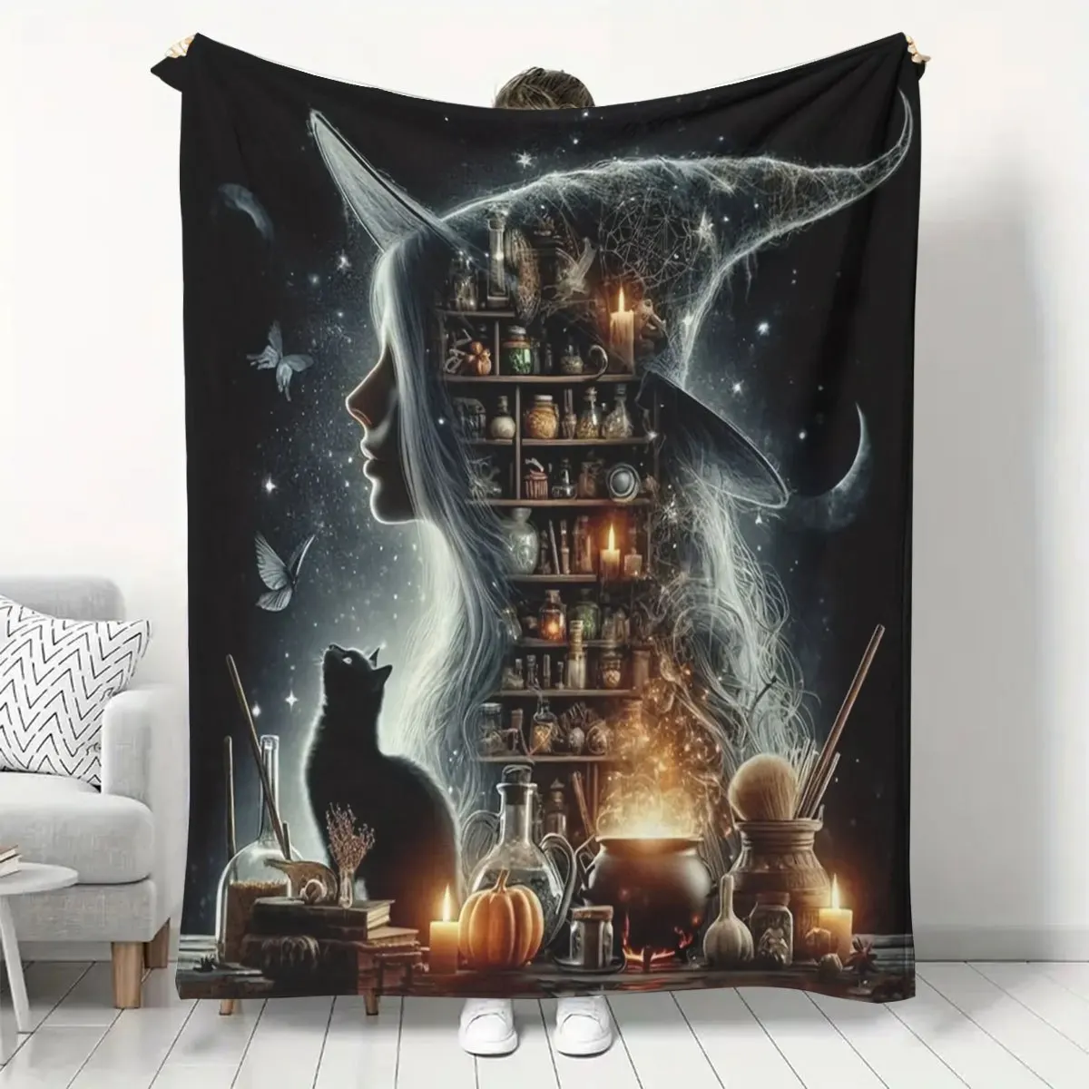 Dark Fantasy Witch Theme Blanket Black Cat Potion Bottles Candle Pumpkin Starry Sky Occult Style Soft Flannel Throw Blanket