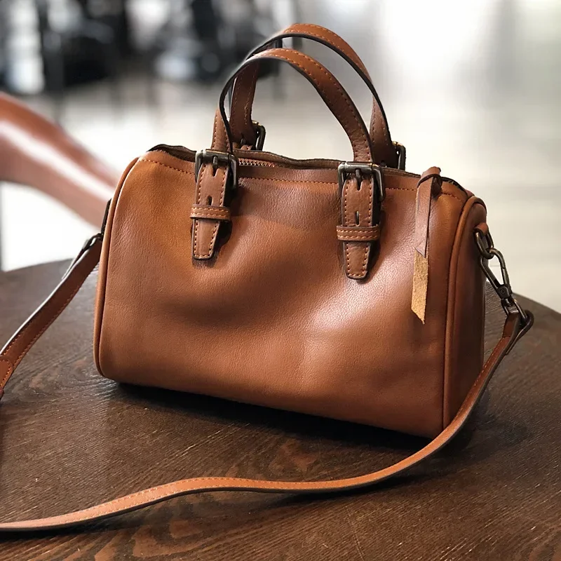 Choice Genuine Leather Boston Bag Shoulder Bag Natural Real Cowhide Messenger Crossbody Bag Retro Vintage feel Bag for Women