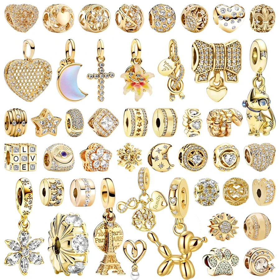 

Gold Plated Clear CZ Pave Heart Moon Star Cat Dangle Charms Beads Fit Original Bracelet,DIY Jewelry Making Gifts For Women Girls