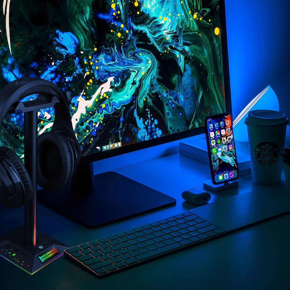 RGB Gaming Headset Stand with LED Base/USB Pickup Light Computer Desktop Headphone Display Holder PC Game Earphone Accessories