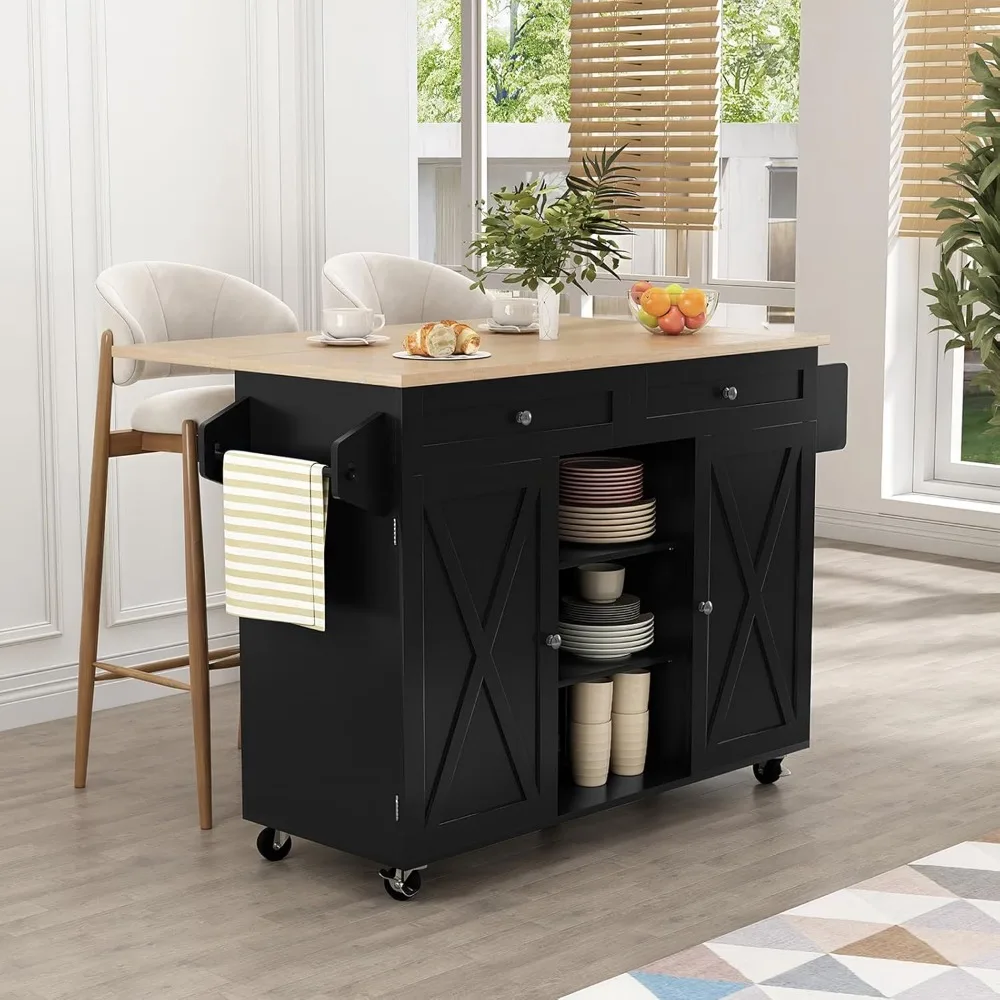 Kitchen Island On Wheels, Rolling Kitchen Island Cart with Drop Leaf Countertop, Barn Door Kitchen Island Table with Storage